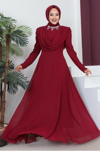 6076Smr Necklace Hijab Evening Dress Claret Red 7354