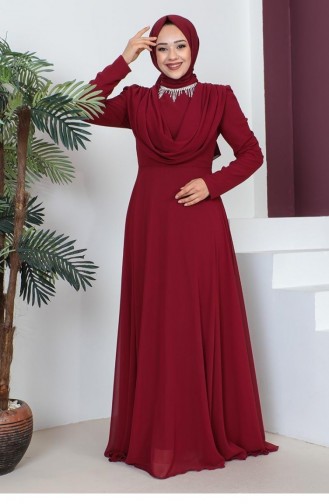 6076Smr Halskette Hijab Abendkleid Weinrot 7354