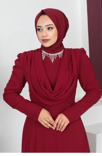 6076Smr Necklace Hijab Evening Dress Claret Red 7354