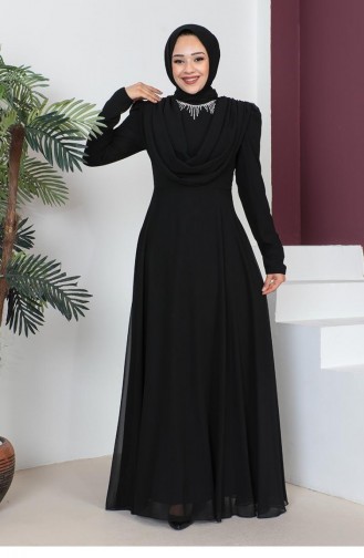 6076Smr Necklace Hijab Evening Dress Black 7489