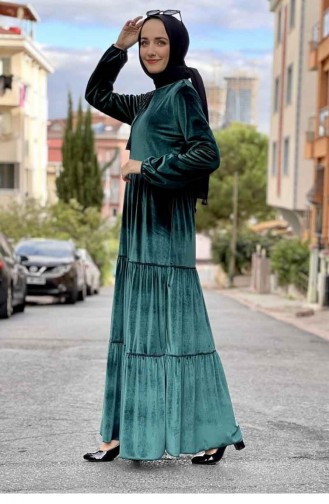 فستان حجاب مخملي 0255-03 لون أخضر زمردي 0255-03