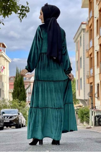 فستان حجاب مخملي 0255-03 لون أخضر زمردي 0255-03