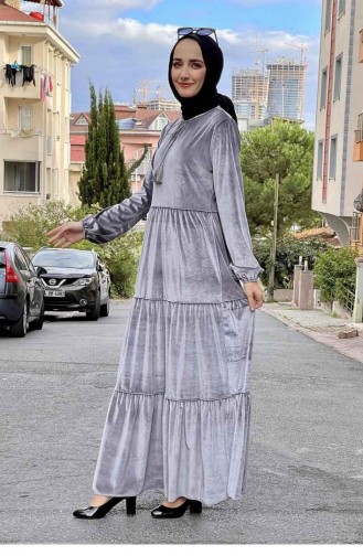 فستان حجاب مخمل 0255-07 لون رمادي 0255-07