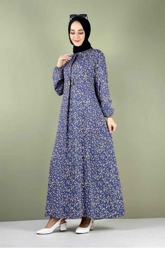0256Sgs A Pleated Patterned Hijab Dress Indigo 7742