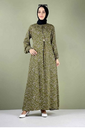 0256Sgs A Pleated Patterned Hijab Dress Khaki 7744
