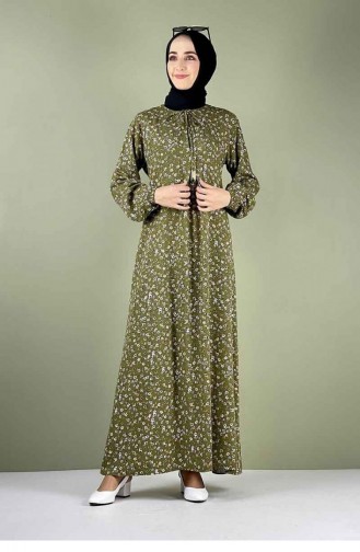 0256Sgs A Pleated Patterned Hijab Dress Khaki 7744
