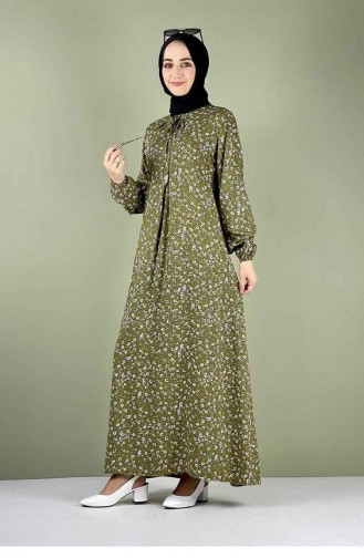 0256Sgs Ein Plissiertes Gemustertes Hijab-Kleid In Khaki 7744