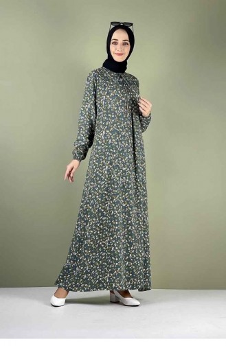 0256Sgs A Pleated Patterned Hijab Dress Green 7745