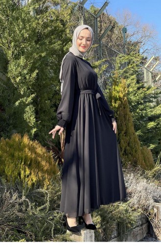 Kemerli Şifon Elbise 5401-01 Siyah