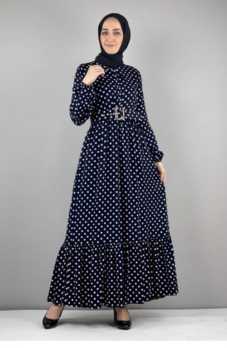 Robe Hijab à Pois 0224-12 Bleu Marine 0224-12