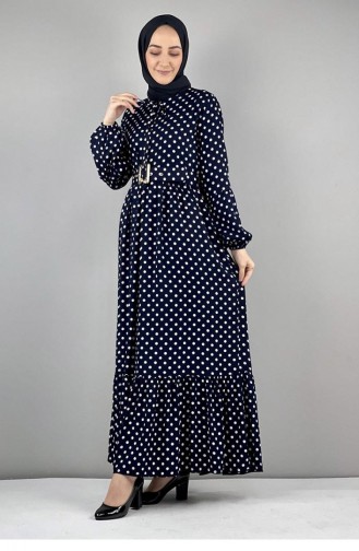 Robe Hijab à Pois 0224-12 Bleu Marine 0224-12