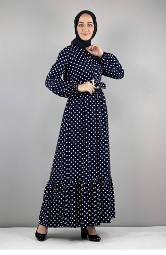 Robe Hijab à Pois 0224-12 Bleu Marine 0224-12