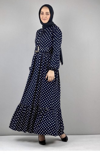 Robe Hijab à Pois 0224-12 Bleu Marine 0224-12