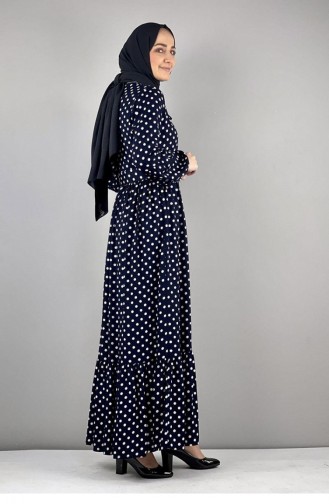 Robe Hijab à Pois 0224-12 Bleu Marine 0224-12