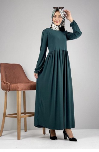 8009Sgs فستان حجاب بخصر مطوي باللون الأخضر الزمردي 8153