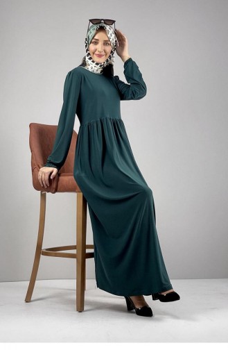 8009Sgs Robe Hijab Plissée À La Taille Vert Émeraude 8153