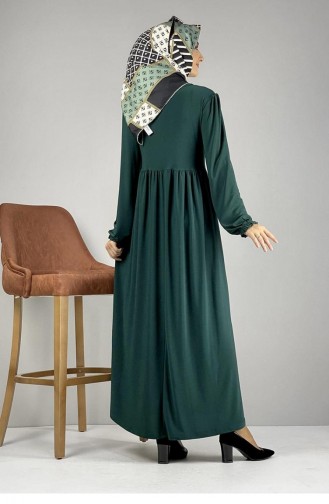8009Sgs Belden Pileli Tesettür Elbise Zümrüt Yeşili