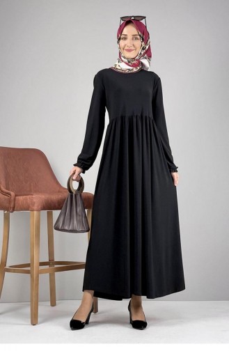 8009Sgs Robe Hijab Plissée À La Taille Noir 8155
