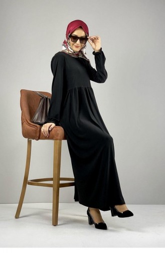 8009Sgs Taille Geplooide Hijab-jurk Zwart 8155