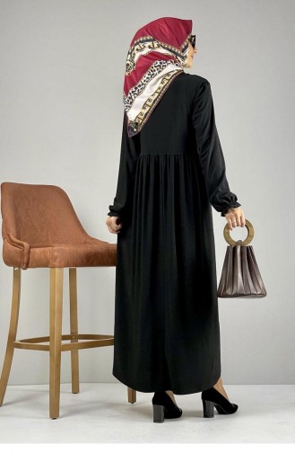8009Sgs Robe Hijab Plissée À La Taille Noir 8155