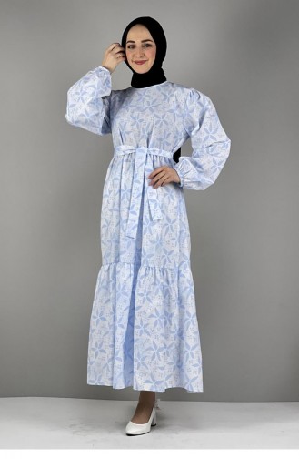 2295Nry Patterned Hijab Dress Blue 8213