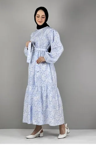 فستان للحجاب بتصميم مُطبع 2295-02 لون أزرق 2295-02