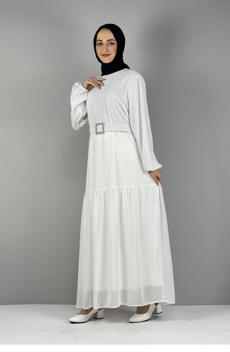 2280Nry Chiffonkleid Mit Gürtel Weiß 8256