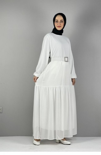 2280Nry Chiffonkleid Mit Gürtel Weiß 8256
