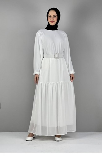 2280Nry Chiffonkleid Mit Gürtel Weiß 8256