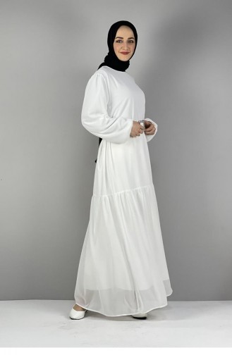 2280Nry Chiffonkleid Mit Gürtel Weiß 8256