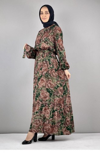 0249Sgs Floral Patterned Hijab Dress Emerald Green 8277