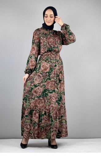 0249Sgs Floral Patterned Hijab Dress Emerald Green 8277