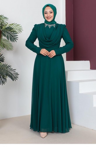 6076Smr Necklace Hijab Evening Dress Emerald Green 9196