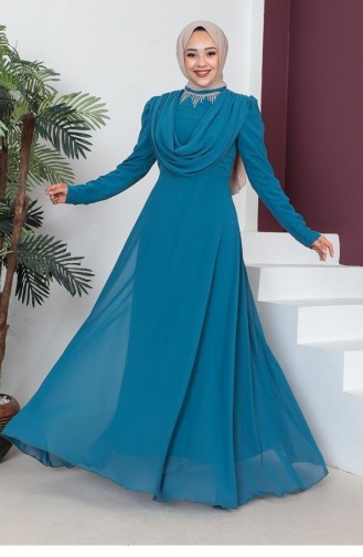 6076Smr Necklace Hijab Evening Dress Petrol 9198