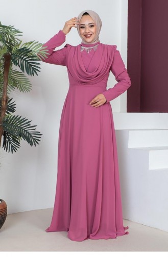 6076Smr Necklace Hijab Evening Dress Pink 9199