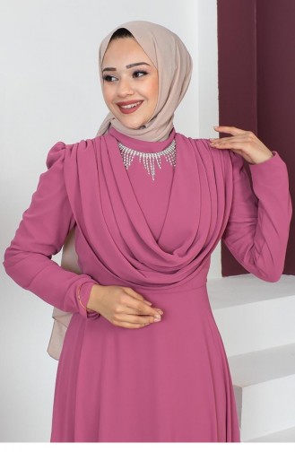 6076Smr Necklace Hijab Evening Dress Pink 9199