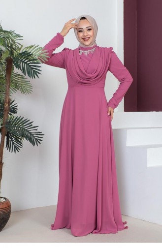 6076Smr Necklace Hijab Evening Dress Pink 9199