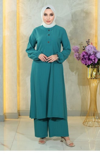 Costume Hijab Boutonné Turquoise 10358 15052