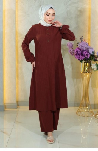 Buttoned Hijab Suit Brown 10358 15055