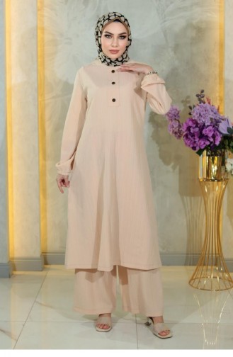Costume Hijab Boutonné Beige 10358 15056