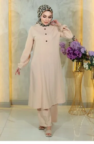 Geknöpfter Hijab-Anzug Beige 10358 15056