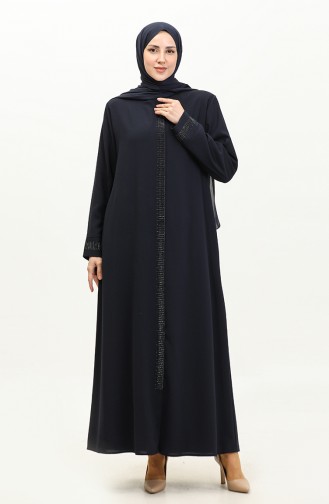 Plus Size Stone Printed Abaya 5067-02 Dark Blue 5067-02