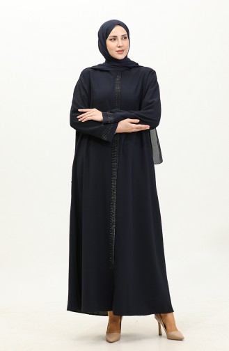 Plus Size Stone Printed Abaya 5067-02 Dark Blue 5067-02