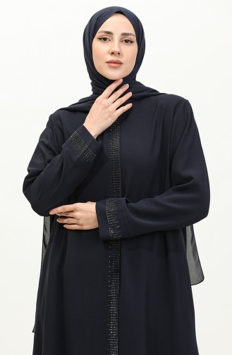 Plus Size Stone Printed Abaya 5066-02 Dark Blue 5066-02