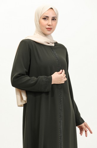 Plus Size Stone Printed Abaya 5067-03 Khaki 5067-03