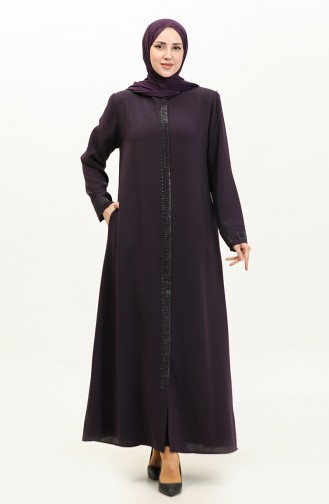 Plus Size Stone Printed Abaya 5067-04 Plum 5067-04