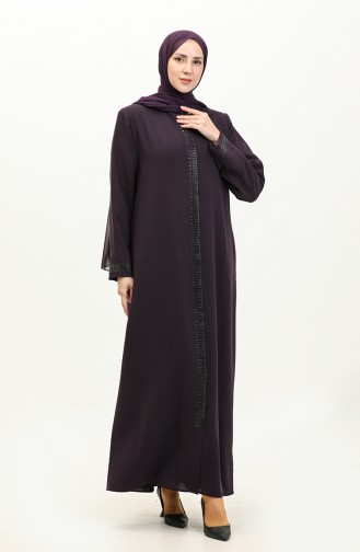 Plus Size Stone Printed Abaya 5066-04 Plum 5066-04