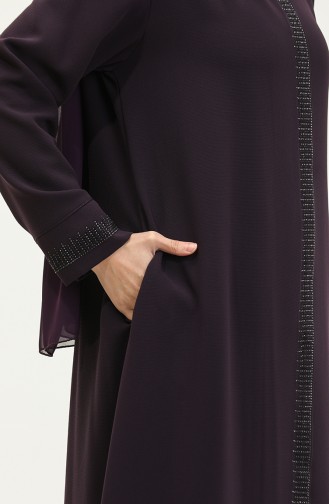 Plus Size Stone Printed Abaya 5067-04 Plum 5067-04