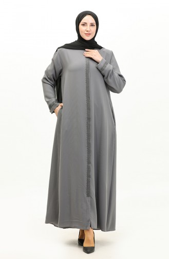 Große Mit Steinen Bedruckte Abaya 5066-05 Grau 5066-05