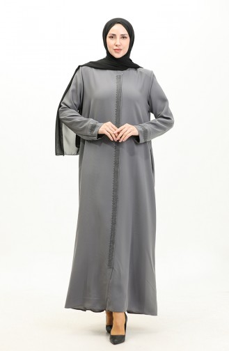 Plus Size Stone Printed Abaya 5067-05 Gray 5067-05